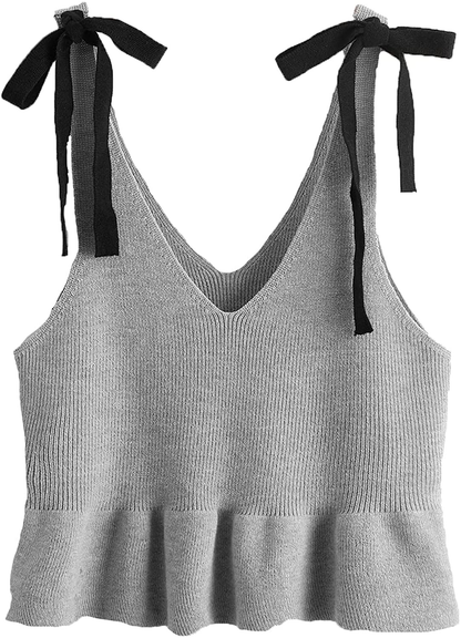 SweatyRocks Women's Casual Knit Top Sleeveless Ruffle Hem V Neck Peplum Crop Tank Top