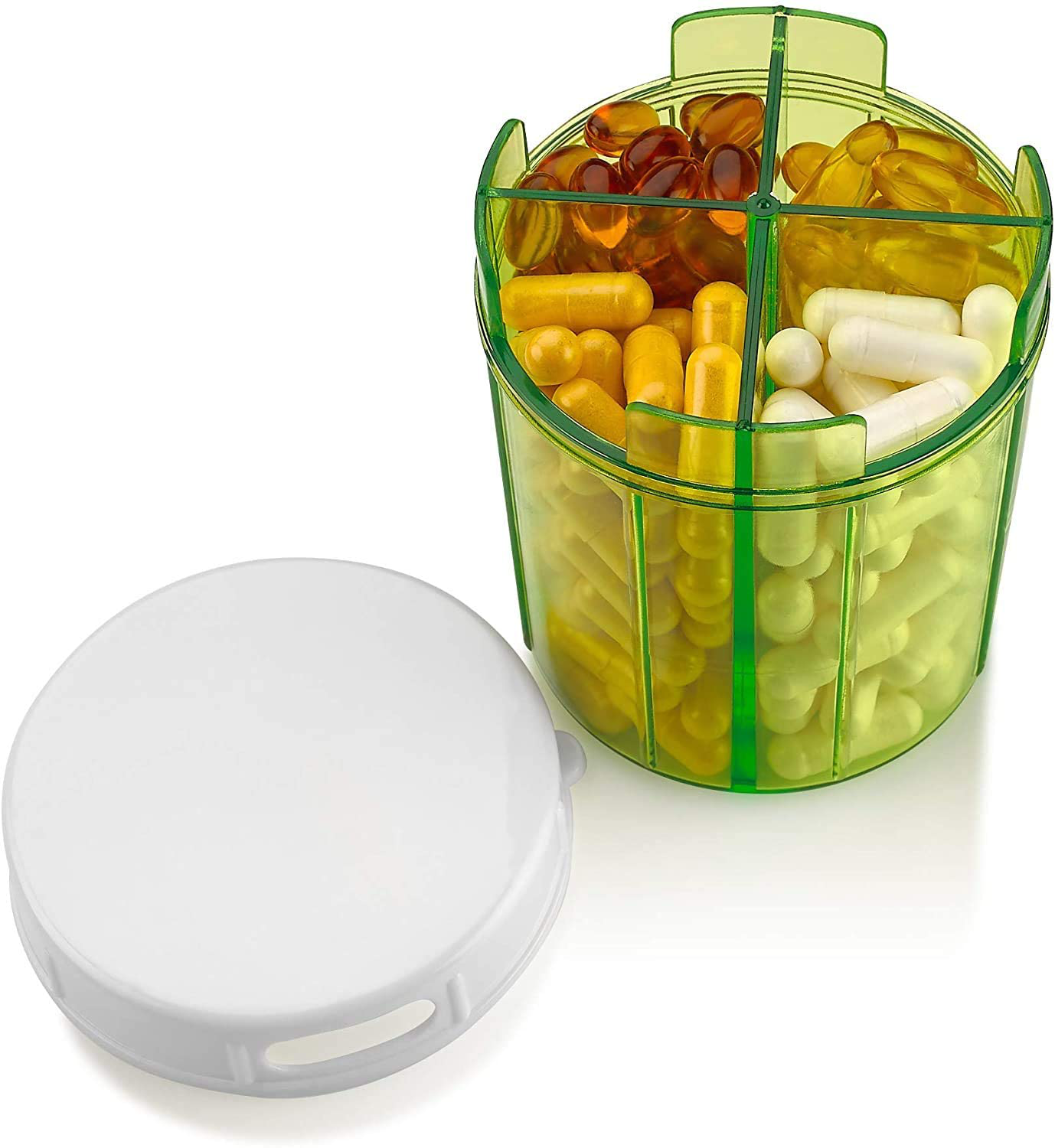 Pill Organizer Dispenser with 4 Compartments, Holder for Medication, Vitamins & Supplements Round Bottle Daily Pill Case Reminder Box