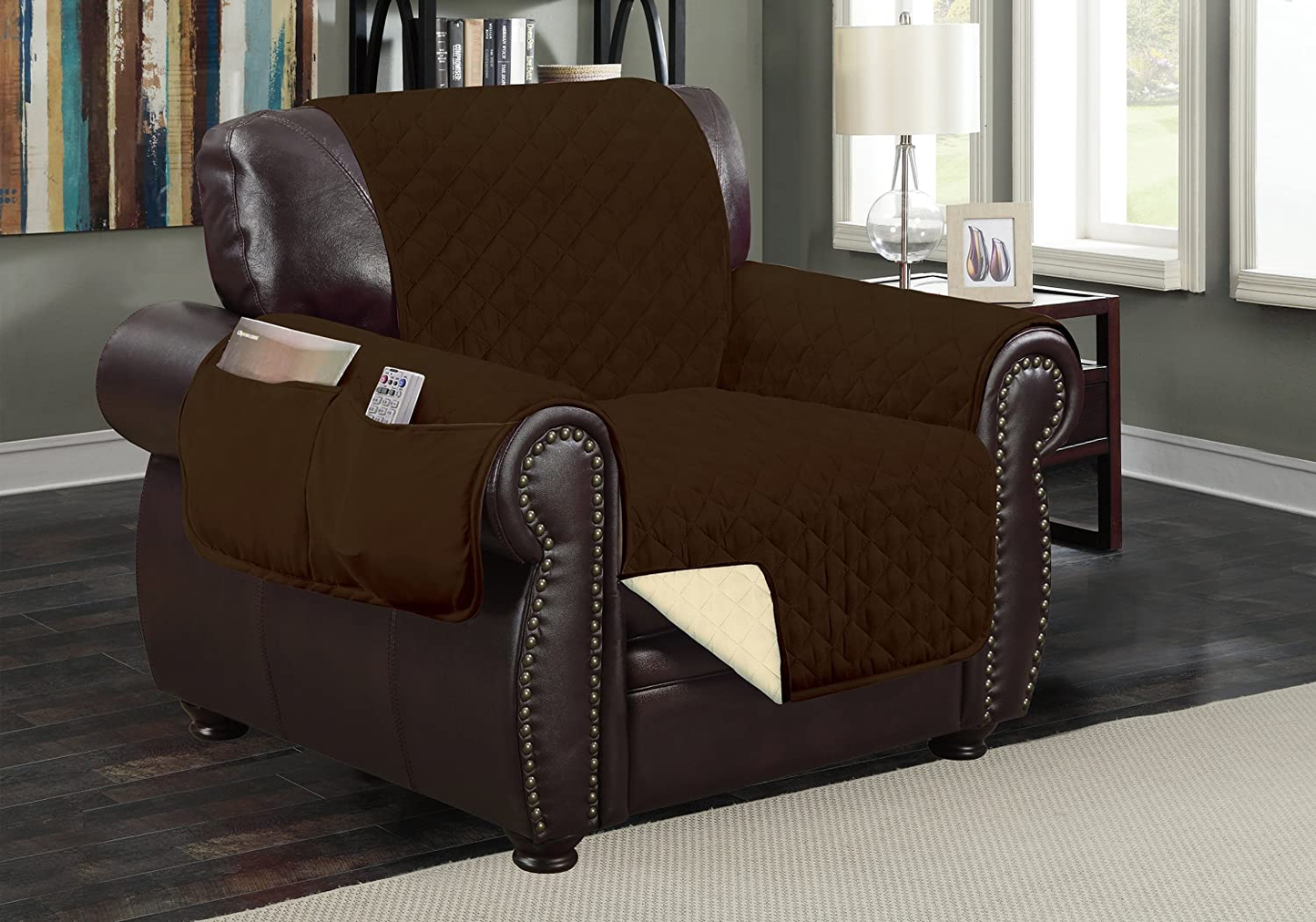 Reversible Quilted Furniture Protector Slipcover - 2 Pockets for Magazines, Newspapers, Remotes - Machine Washable 