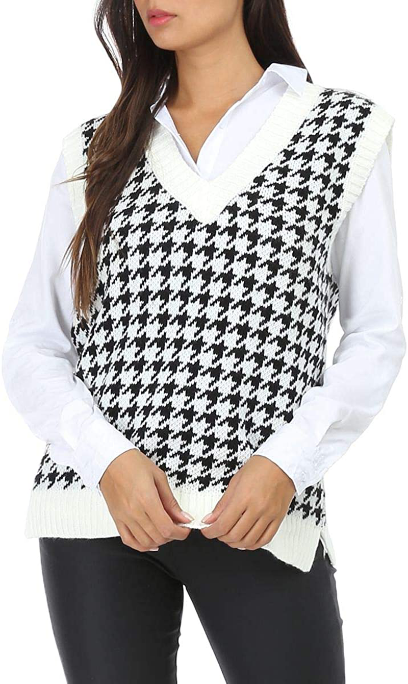 Jlihang Oversized Houndstooth Knitted Vest Sweater Vintage V Neck Loose Sleeveless Sweater