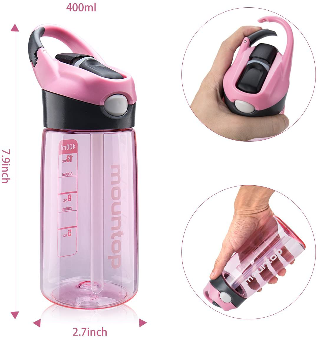 mountop Kids Water Bottle with Straw Lid and Handle, Easy Use for Girls and Boys for School, BPA-Free 14oz 400ml