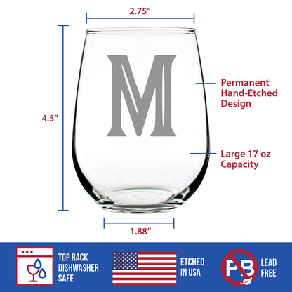 Monogram Bold Letter M - Stemless Wine Glass - Personalized Gifts for Women and Men - Large Engraved Glasses