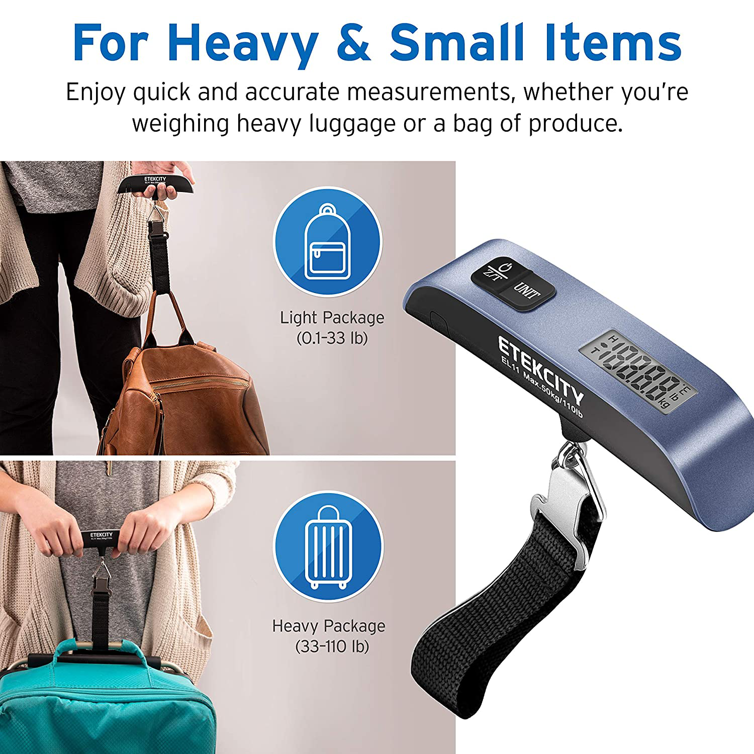 Etekcity Luggage Scale, Digital Portable Handheld Suitcase Weight for Travel with Rubber Paint, Temperature Sensor, 110 Pounds, Battery Included