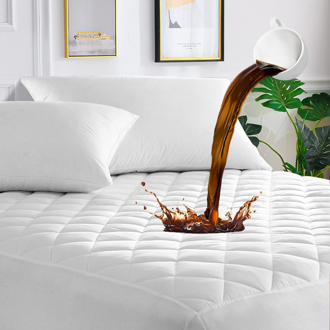 UNILIBRA 100% Waterproof Quilted Mattress Pad Cal King Size, 6''-25'' Deep Pocket Fitted Mattress Protector Cover, Breathable, Hollow Cotton Alternative Filling Mattress Topper