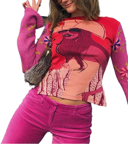 Women's Graphic Print Crop Top Vintage Punk Portrait Shirts Summer Slim Short Sleeve T Shirt Tops Y2k Fashion Clothes
