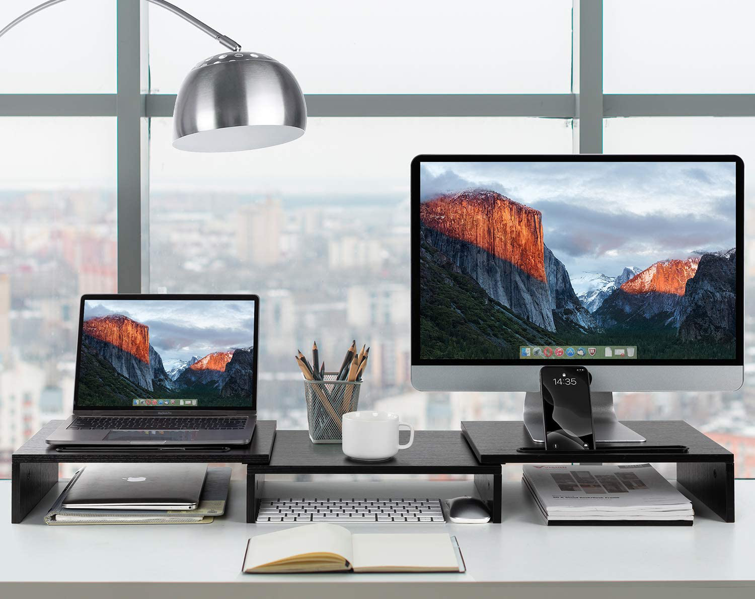 AMERIERGO Dual Monitor Stand Riser- 3 Shelf Screen Stand with Adjustable Length and Angle, 2 Extra Functional Slot Desktop Organizer Stand for PC, Computer, Laptop (Black)