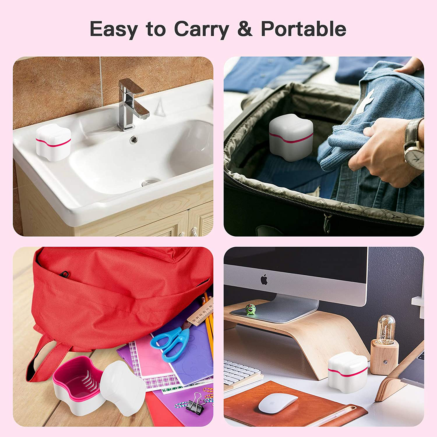 Dental Retainer Case Box Orthodontic Mouthguard Storage Case,Denture Retainer Container Teeth Bath Soaking Cup for Office|Travel|Household (Pink)