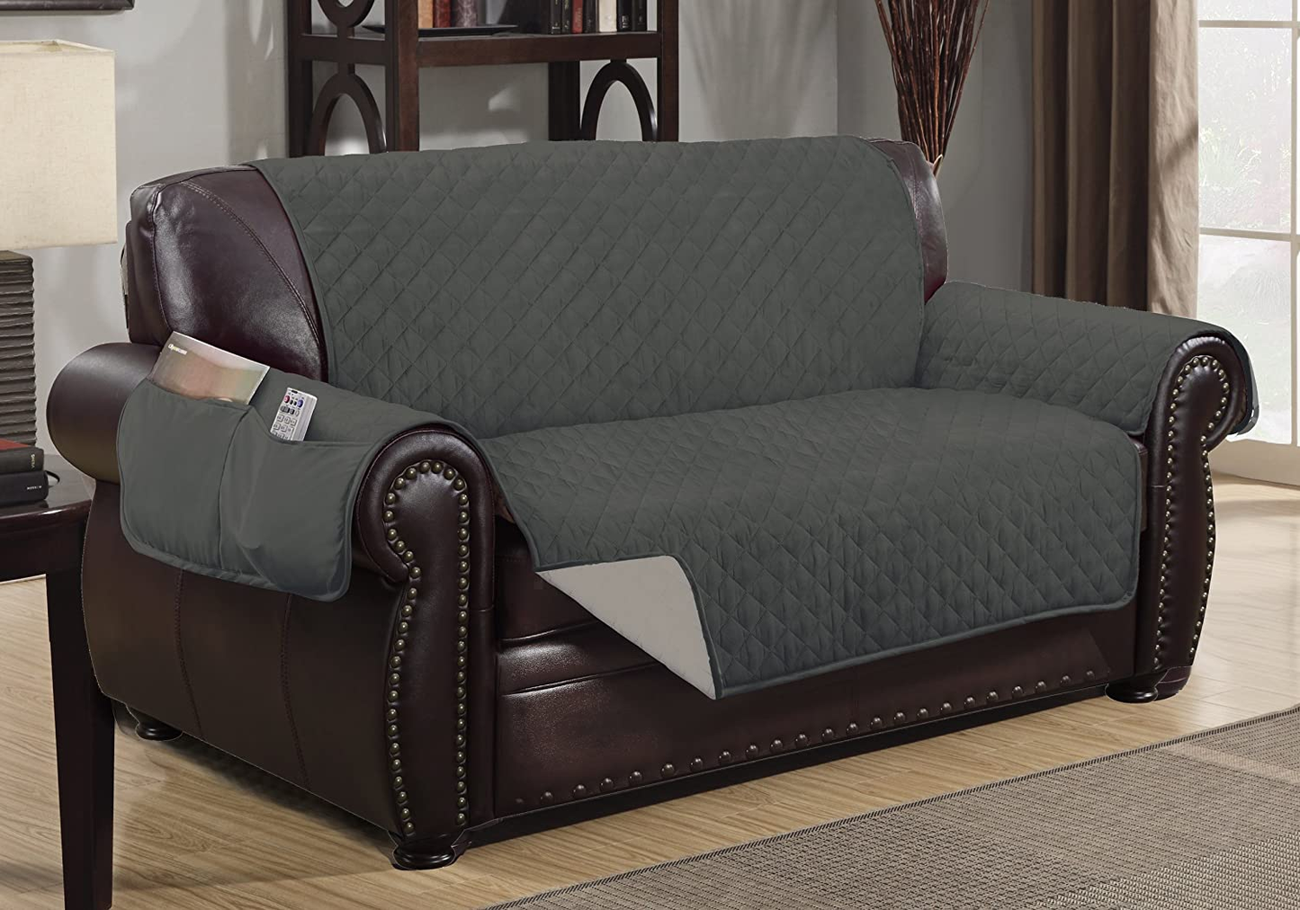 Reversible Quilted Furniture Protector Slipcover - 2 Pockets for Magazines, Newspapers, Remotes - Machine Washable 