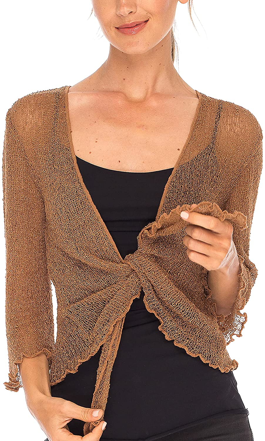 SHU-SHI Womens Sheer Shrug Tie Top Open Front Cardigan Lightweight Knit