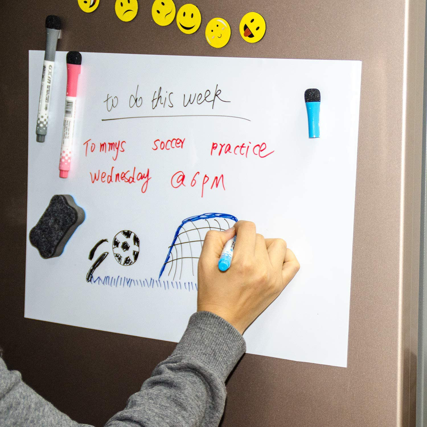 Prefer Green Magnetic Dry Eraser White Board Sheet for Kitchen Refrigerator with Stain Resistant Technology, Organizer & Planner Whiteboard 17” X 12”, Include 1 Eraser, 3 Markers & 6 Fridge Magnets