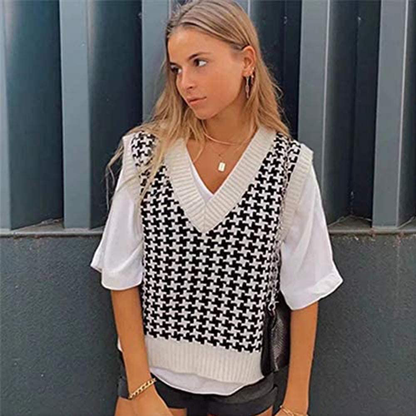 Jlihang Oversized Houndstooth Knitted Vest Sweater Vintage V Neck Loose Sleeveless Sweater
