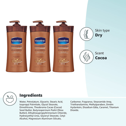 Vaseline Intensive Care Body Lotion, Cocoa Radiant, 20.3 Fl Oz (Pack of 3)
