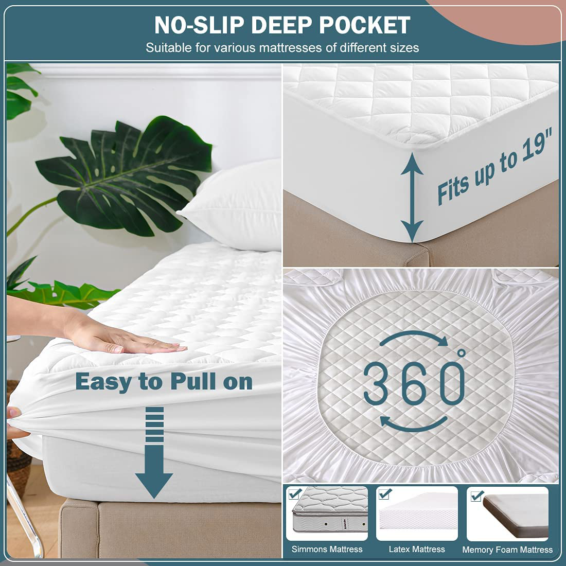 UNILIBRA 100% Waterproof Quilted Mattress Pad Queen Size, 6''-25'' Deep Pocket Fitted Mattress Protector Cover, Breathable, Hollow Cotton Alternative Filling Mattress Topper
