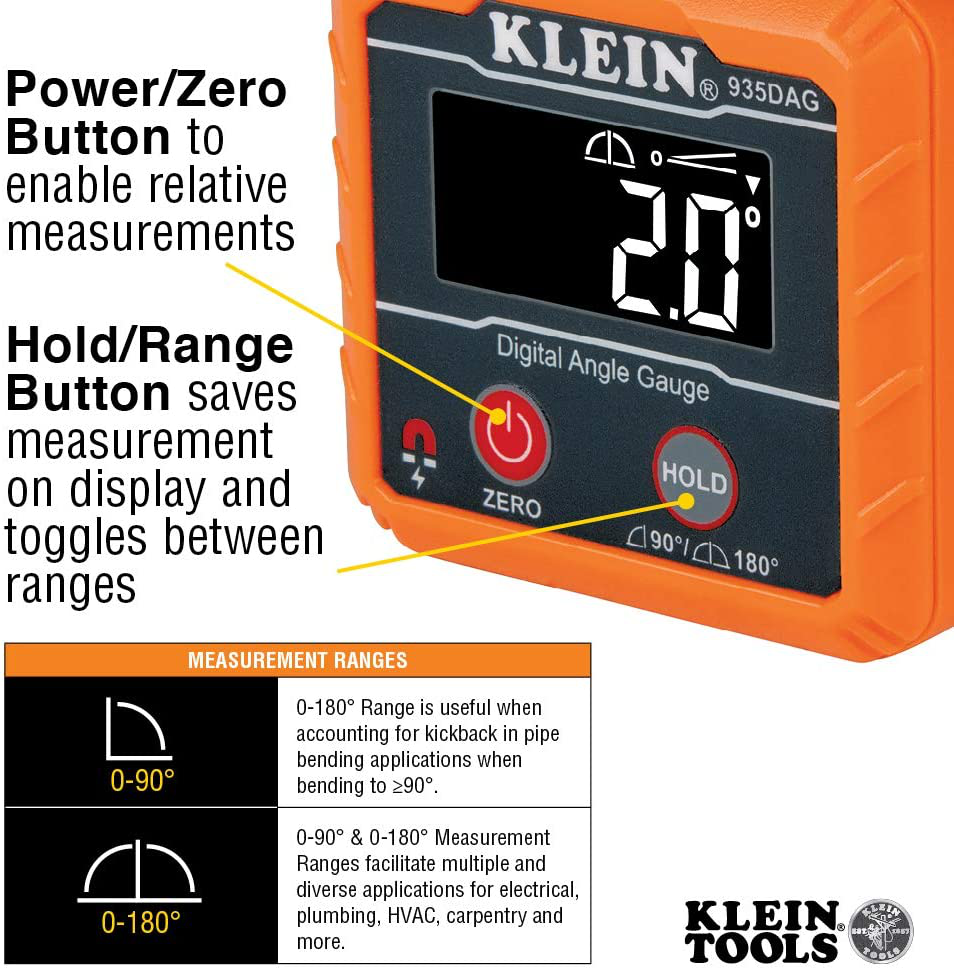 Klein Tools 935DAG Digital Electronic Level and Angle Gauge, Measures 0 - 90 and 0 - 180 Degree Ranges, Measures and Sets Angles