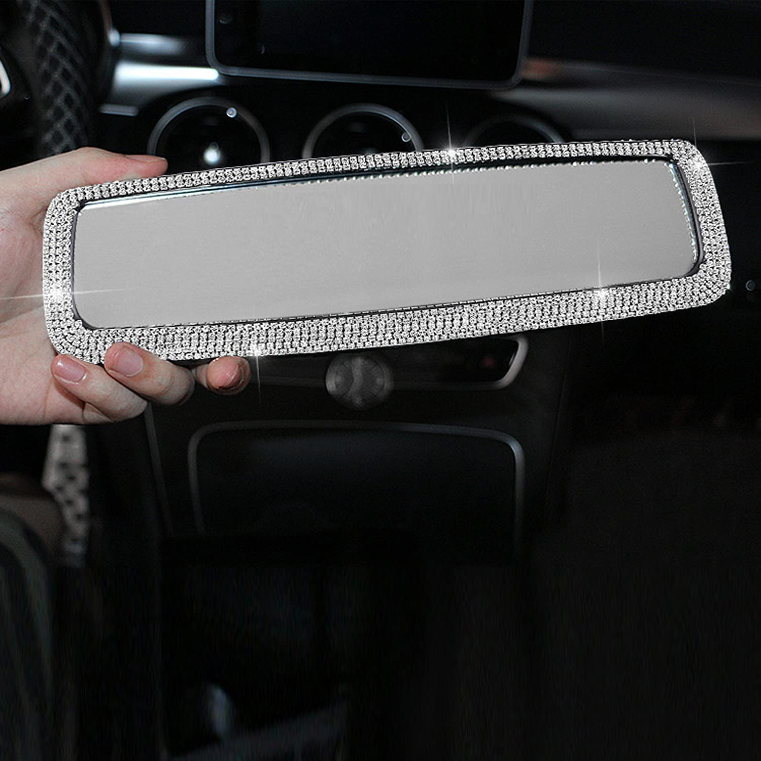 WedFeir Bling Rhinestone Car Rear View Mirror, Car Rear View Mirror with Crystal Diamonds Bling Rhinestones Car Rear View Mirror for Women,Car Interior Trim. (Sliver)