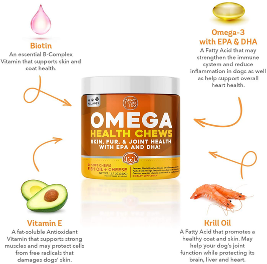 Ready Pet Go! Omega 3 for Dogs | Fish Oil for Dog Shedding, Skin Allergy, Itch Relief, Mange and Hot Spots Treatment | EPA & DHA | Natural Joint Supplement for Dogs, Heart and Brain Health | 90 Chews