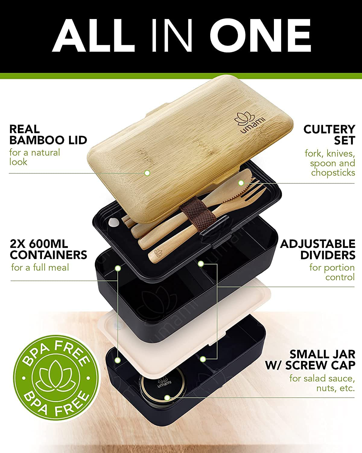 UMAMI Glass & Bamboo Bento Box for Adults/Children, 1 Meal Prep Lunch Box Food Containers for Men/Women, Microwave, Dishwasher & Freezer Safe