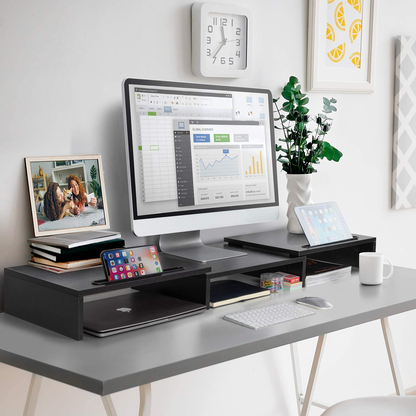 AMERIERGO Dual Monitor Stand Riser- 3 Shelf Screen Stand with Adjustable Length and Angle, 2 Extra Functional Slot Desktop Organizer Stand for PC, Computer, Laptop (Black)