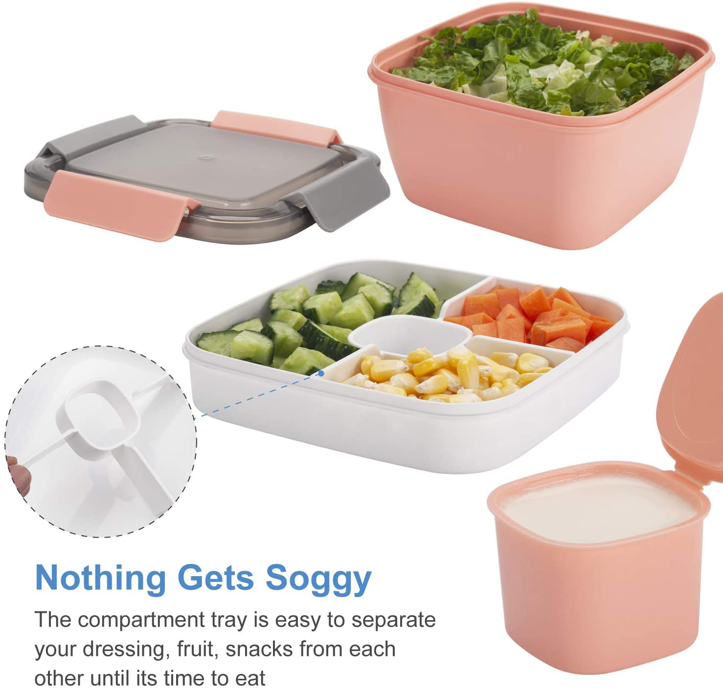 Freshmage Salad Lunch Container To Go, 52-oz Salad Bowls with 3 Compartments, Salad Dressings Container for Salad Toppings, Snacks, Men, Women (Purple)