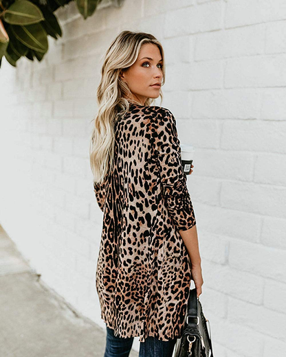 MYIFU Women's Leopard Print Sweater Cardigan Button Down Open Front Lightweight Shirt Outerwear with Pockets