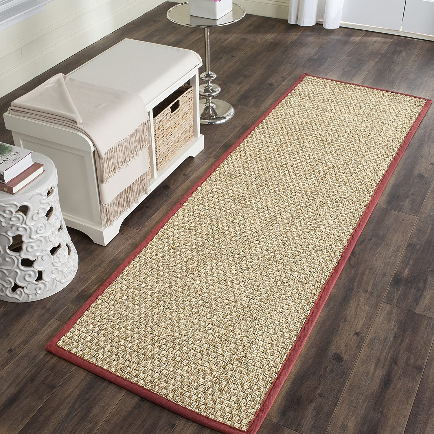 Safavieh Natural Fiber Collection NF114D Border Basketweave Seagrass Runner, 2'6" x 12' , Red