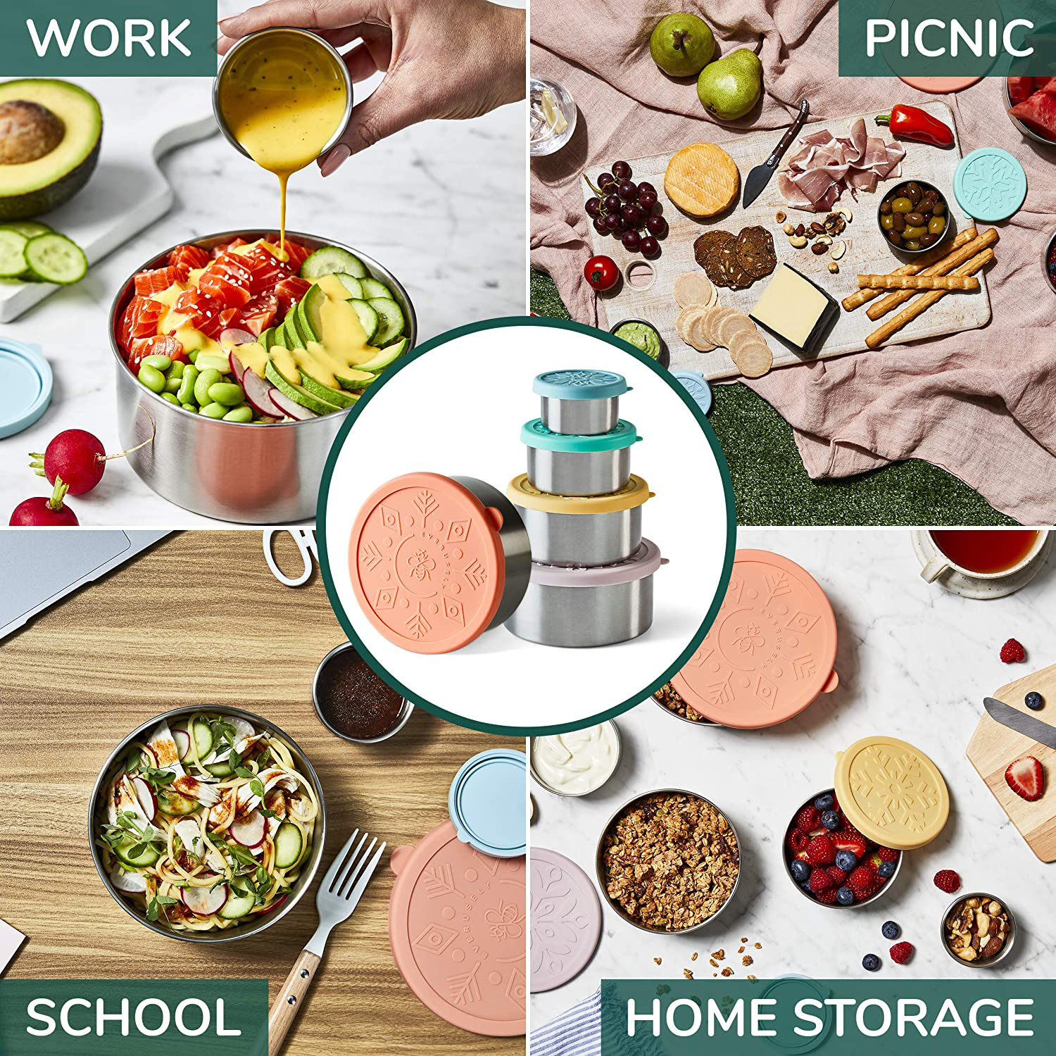 Everusely Stainless Steel Food Containers With Lids, Reusable Snack Containers, Stainless Steel Lunch Container, Metal Food Containers, Stainless Steel Food Storage Containers, Bento Box, Lunch Box