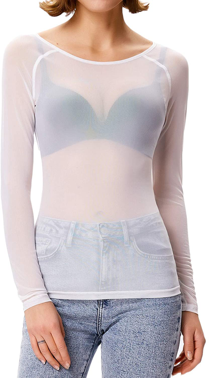 GRACE KARIN Women's Long Sleeve See Through Mesh Sheer Top Blouse Shirt