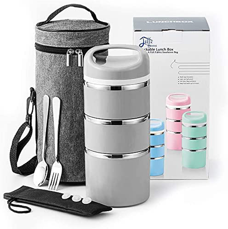 Lille Home Stackable Stainless Steel Compartment Lunch/Snack Box, 3-Tier Insulated Bento/Food Container with Upgraded Lunch Bag, Portable Cutlery Set and 3 Extra Silicone Seals, 43OZ, Gold