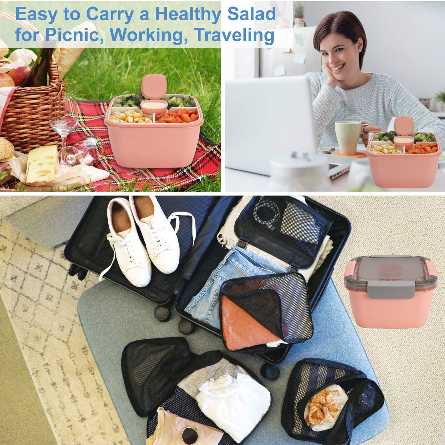 Freshmage Salad Lunch Container To Go, 52-oz Salad Bowls with 3 Compartments, Salad Dressings Container for Salad Toppings, Snacks, Men, Women (Pink)