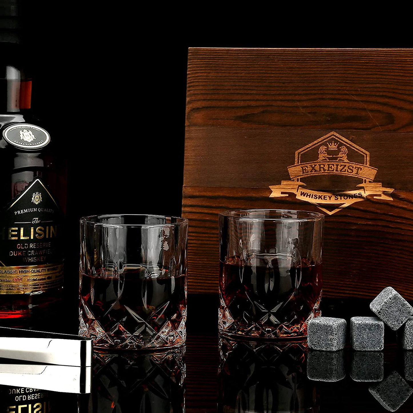 Whiskey Stones Gift Set - Whiskey Glass Set of 2 - Stainless Steel Chilling Whiskey Cubes - Scotch Bourbon Whiskey Glass Gift Box Set - Best Drinking Gift for Men Dad Husband Birthday Holiday Present