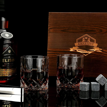 Whiskey Stones Gift Set - Whiskey Glass Set of 2 - Stainless Steel Chilling Whiskey Cubes - Scotch Bourbon Whiskey Glass Gift Box Set - Best Drinking Gift for Men Dad Husband Birthday Holiday Present