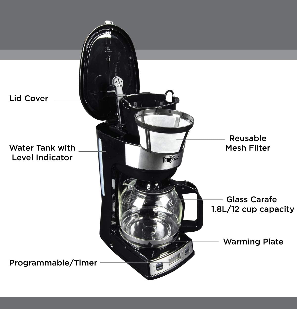 Total Chef TCCM06 Programmable Coffee Maker Stainless Steel with 12-Cup Glass Carafe, LCD Display,Easy Cleanup, Reusable Basket Filter, Countertop, Black/Gray