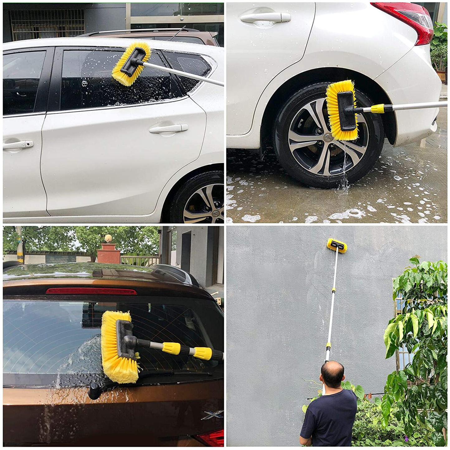 Buyplus Car Wash Brush with Long Handle - 12 Foot Telescopic Flow Through Car Washing Brush with Hose Attachment, Soft Bristle Head for RV, Trucks, No Scratch Dip Car Cleaning Water Brush
