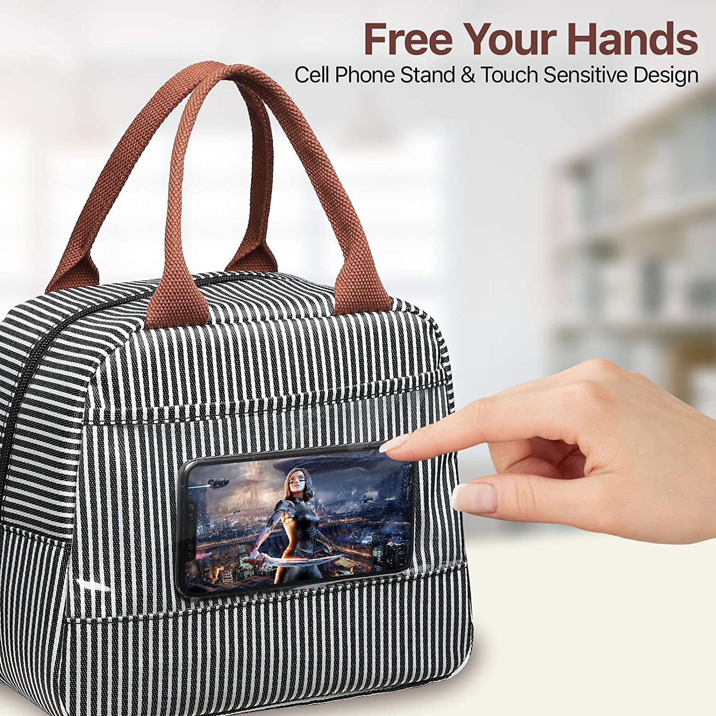 Lunch Bag, Bagseri Insulated Lunch Bags for Women and Men, with Transparent Phone Holder Pocket, Reusable Lunch Cooler Box Thermal Organizer, Water-resistant Lining (Black White Stripe)