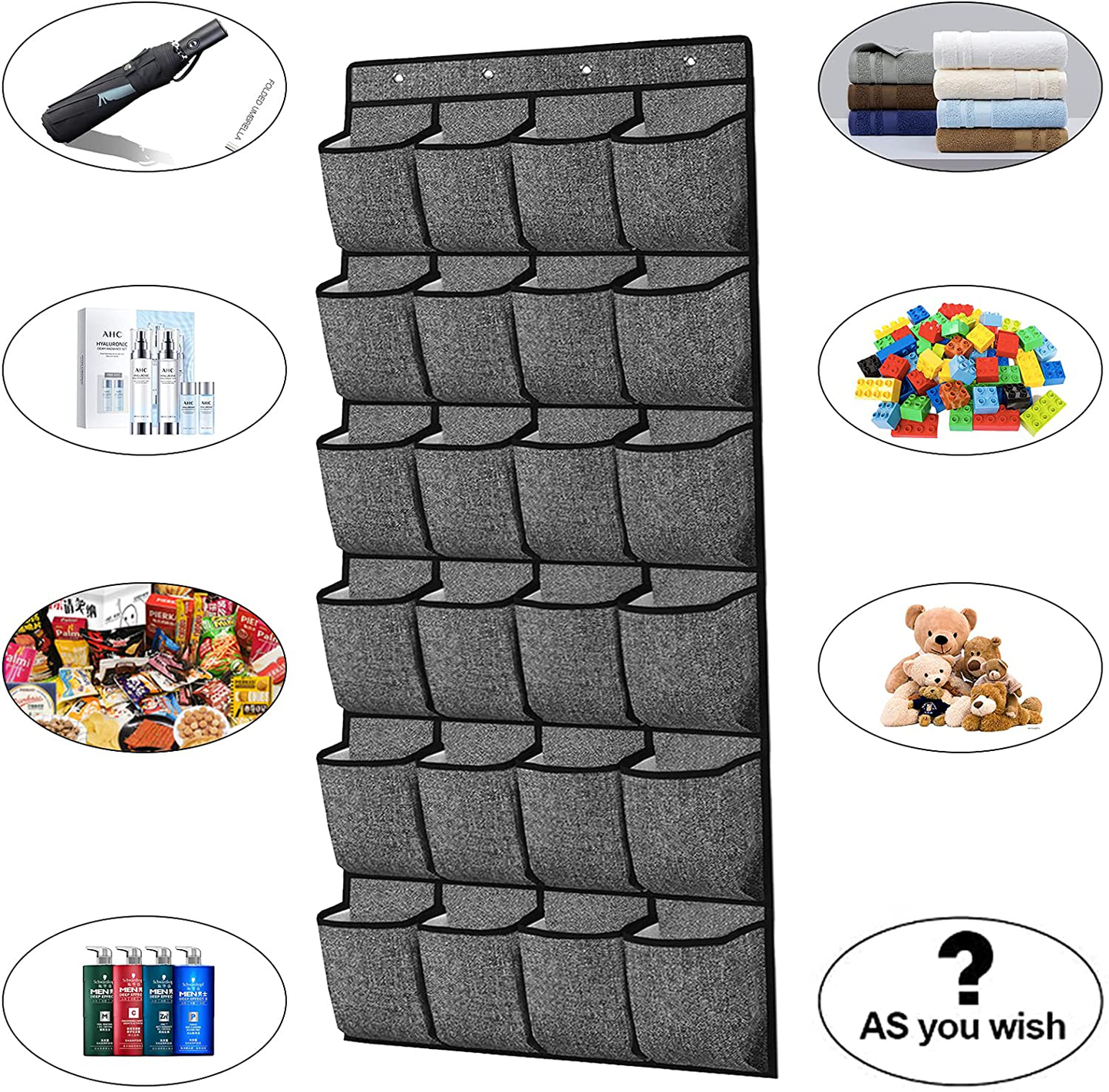 Over the Door Shoe Organizer,Hanging Shoe Holder with 24 Extra Large Fabric Pockets for Storage Men Sneakers,Women High Heeled Shoes,Slippers Grey 61.4''x22''