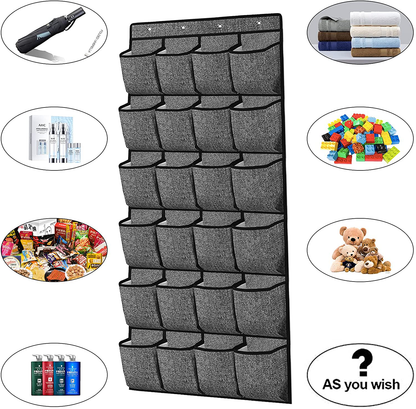 Over the Door Shoe Organizer,Hanging Shoe Holder with 24 Extra Large Fabric Pockets for Storage Men Sneakers,Women High Heeled Shoes,Slippers Grey 61.4''x22''