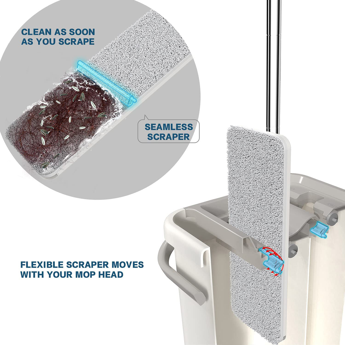 oshang Flat Floor Mop and Bucket Set for Home Floor Cleaning, Hands Free Floor Flat Mop, Stainless-Steel Handle, 2 Washable & Reusable Microfiber Pads