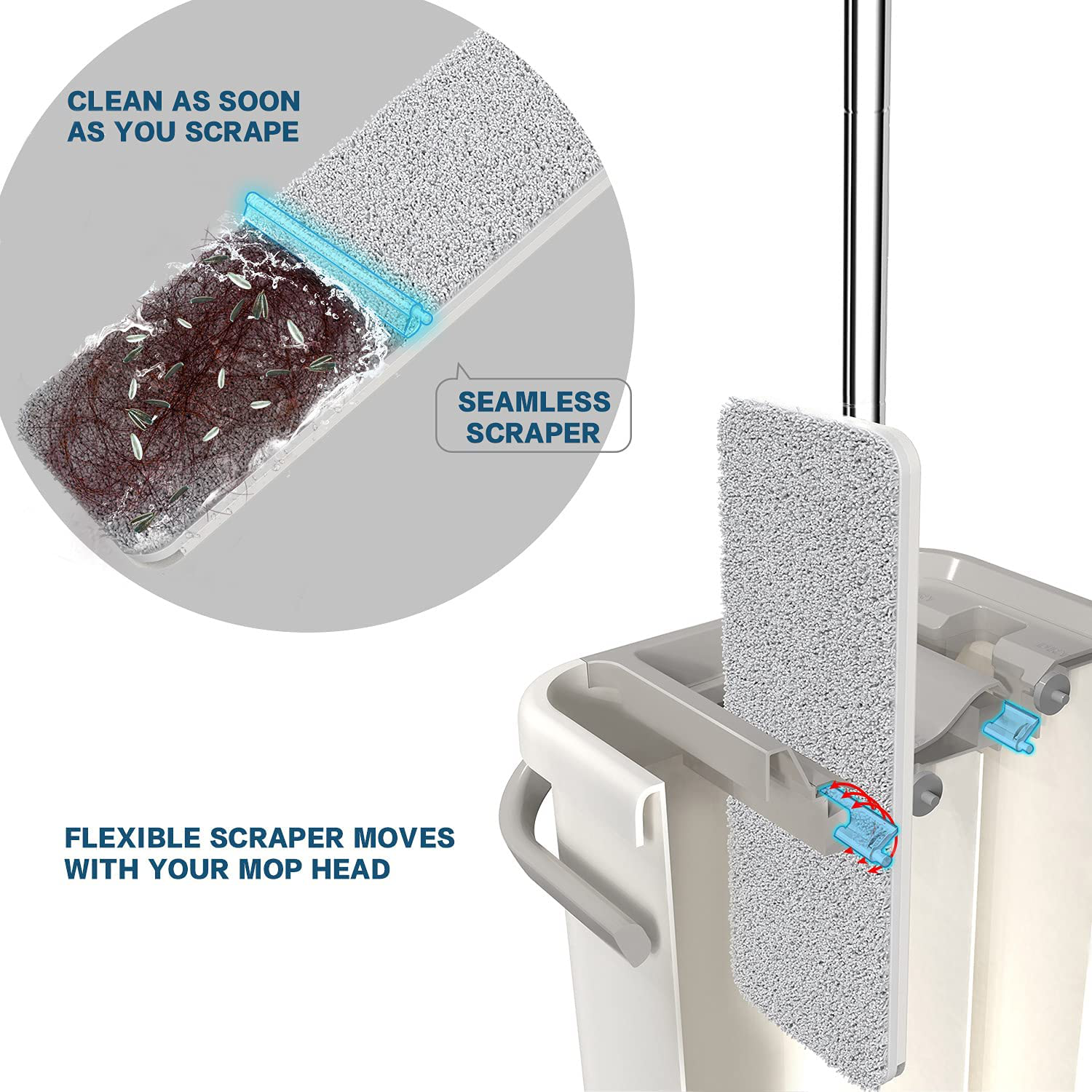 oshang Flat Floor Mop and Bucket Set for Home Floor Cleaning, Hands Free Floor Flat Mop, Stainless-Steel Handle, 2 Washable & Reusable Microfiber Pads