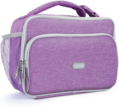 Amersun Kids Lunch Bag, Durable Insulated School Lunch Bag with Padded Liner Keeps Food Warm Cold Longer Time,Small Water-resistant Thermal Travel Office Lunch Cooler for Teen Girls-2 Pockets, Purple