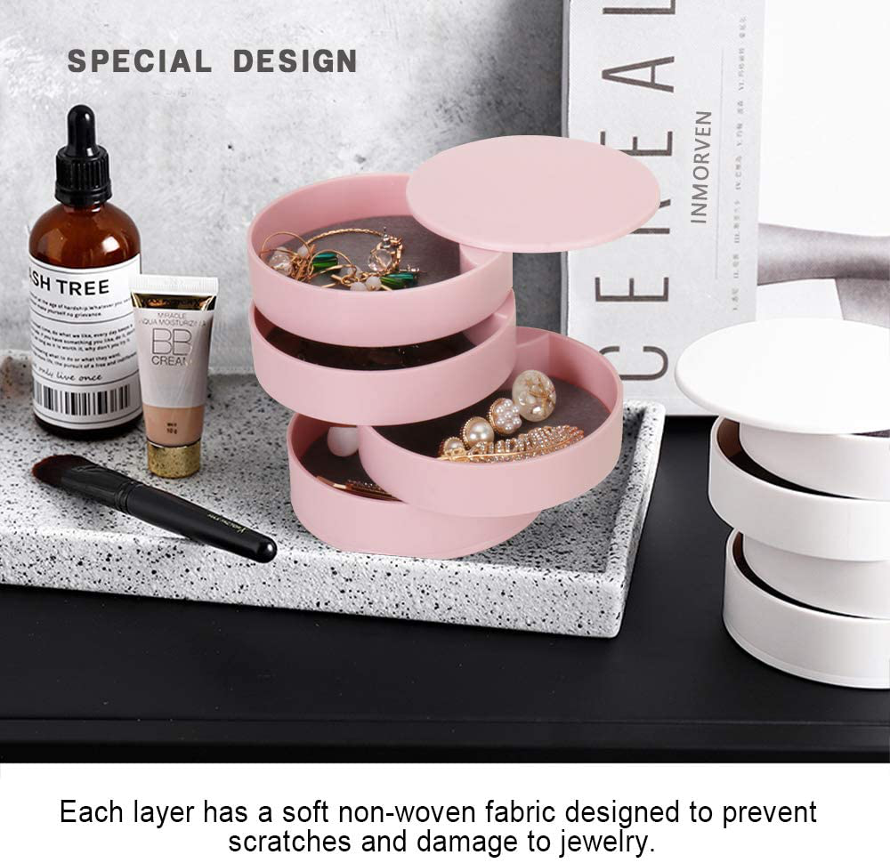 CONBOLA Jewelry Organizer, Small Jewelry Storage Box Earring Holder for Women, 4-Layer Rotating Travel Jewelry Tray Case with Lid for Bracelets Rings Bracelets (Pink)