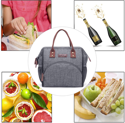 LOKASS Lunch Bag Insulated Lunch Box Wide-Open Lunch Tote Bag Large Drinks Holder Durable Nylon Snacks Organizer with Removable Shoulder Strap for Women Men Adults Work Outdoor,Grey