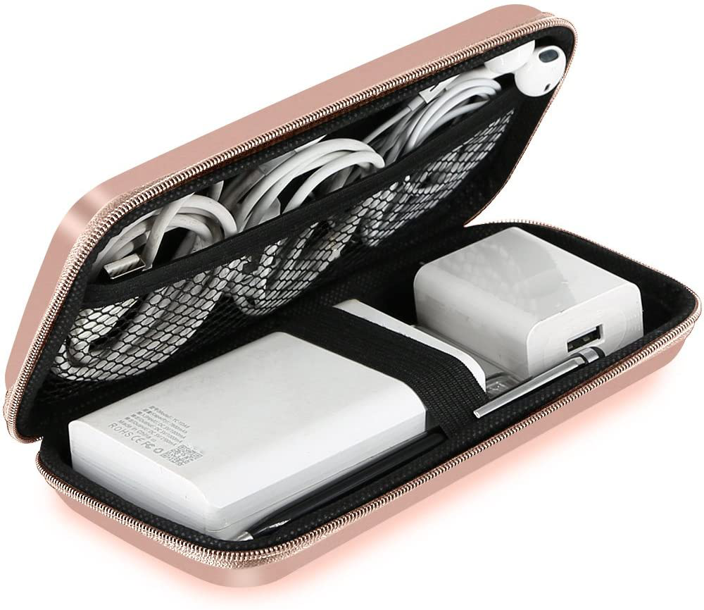 iMangoo Shockproof Carrying Case Hard Protective EVA Case Impact Resistant Travel 12000mAh Bank Pouch Bag USB Cable Organizer Earbuds Sleeve Pocket Accessory Smooth Coating Zipper Wallet Rose Gold