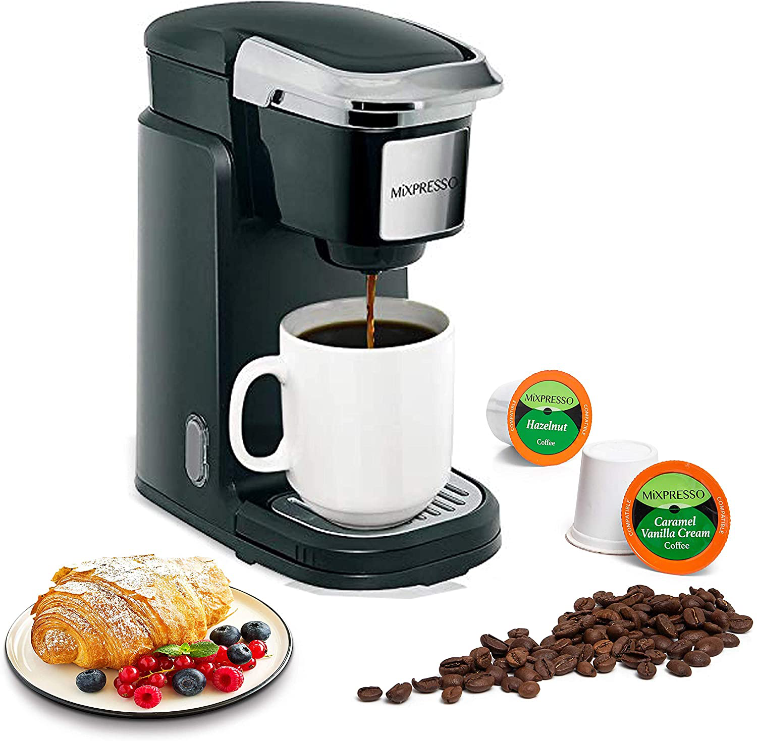 Mixpresso Single Cup Coffee Maker | Personal, Single Serve Coffee Brewer Machine, Compatible with Single-Cups | Quick Brew Technology, Programmable Features, One Touch Function (Black)