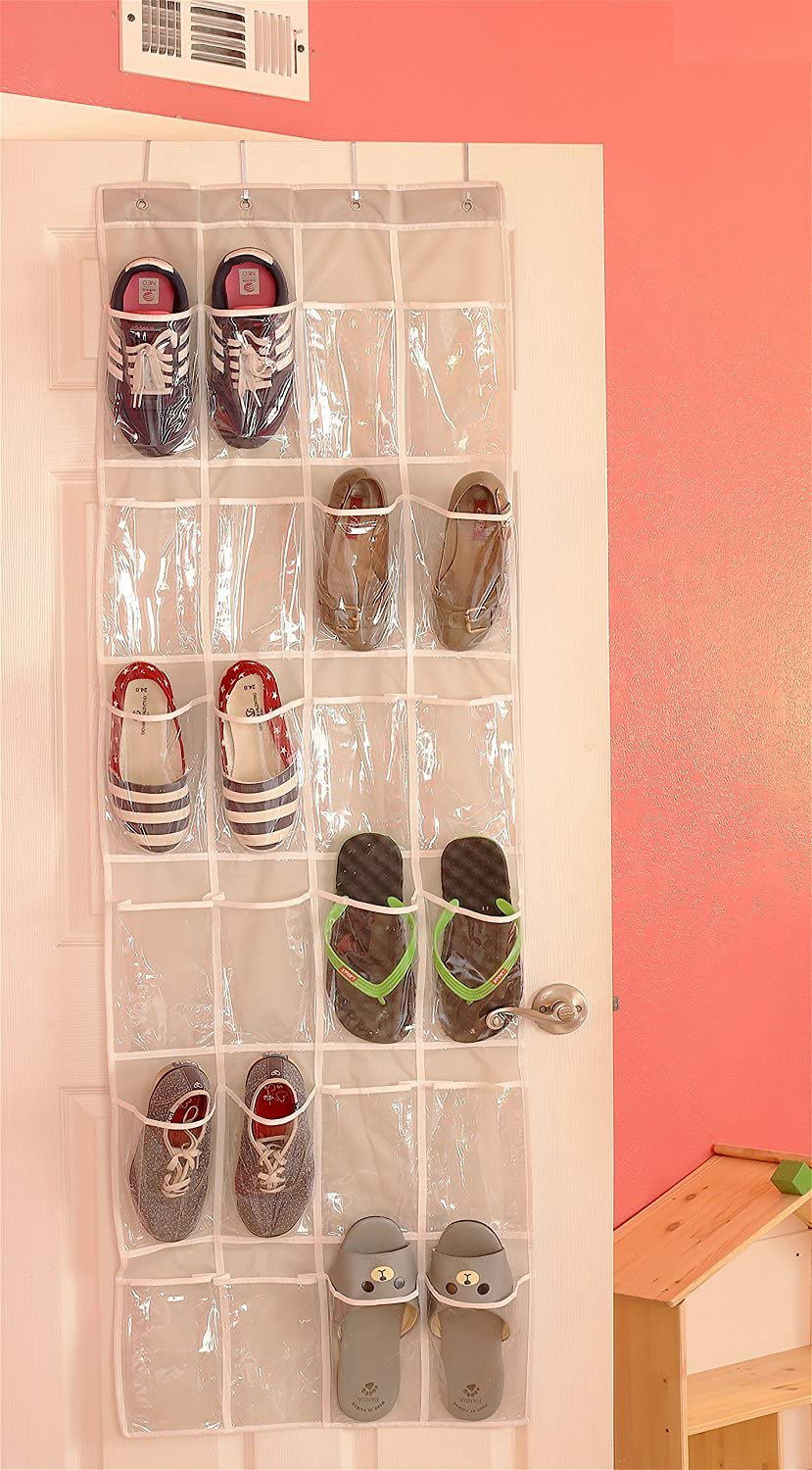 24 Pockets - SimpleHouseware Crystal Clear Over The Door Hanging Shoe Organizer, Brown