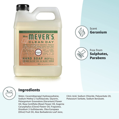 Mrs. Meyer's Clean Day Liquid Hand Soap, Cruelty Free and Biodegradable Hand Wash Made with Essential Oils, Geranium Scent, 12.5 oz - Pack of 3