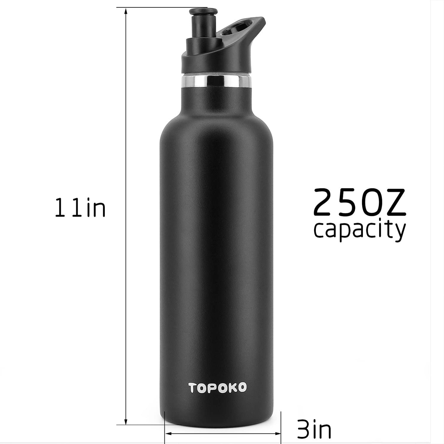 TOPOKO 25 OZ Hydro Double Wall Flask Stainless Steel Water Bottle, Bite Valve Top, Vacuum Insulated, Sweat Proof, Leak Proof Sports Thermos. Standard Mouth 25oz, BPA-Free, Keep Cold 24 Hours (Black)