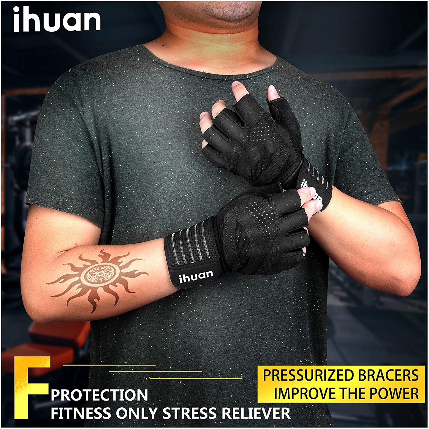 ihuan Ventilated Weight Lifting Gym Workout Gloves Full Finger with Wrist Wrap Support for Men & Women, Full Palm Protection, for Weightlifting, Training, Fitness, Hanging, Pull ups
