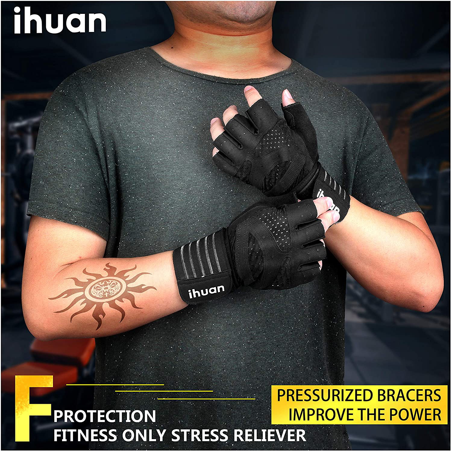 ihuan Ventilated Weight Lifting Gym Workout Gloves Full Finger with Wrist Wrap Support for Men & Women, Full Palm Protection, for Weightlifting, Training, Fitness, Hanging, Pull ups