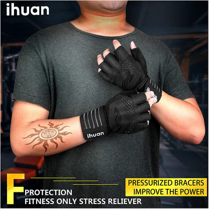 ihuan Ventilated Weight Lifting Gym Workout Gloves Full Finger with Wrist Wrap Support for Men & Women, Full Palm Protection, for Weightlifting, Training, Fitness, Hanging, Pull ups