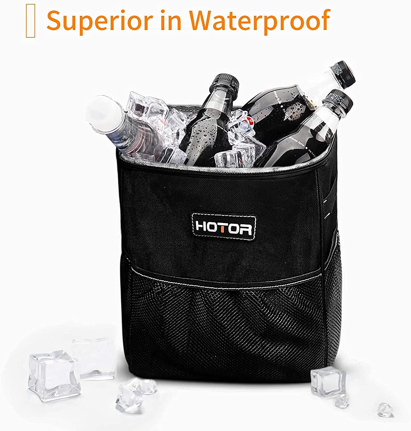 HOTOR Car Trash Can with Lid and Storage Pockets, 100% Leak-Proof Car Organizer, Waterproof Car Garbage Can, Multipurpose Trash Bin for Car - Black